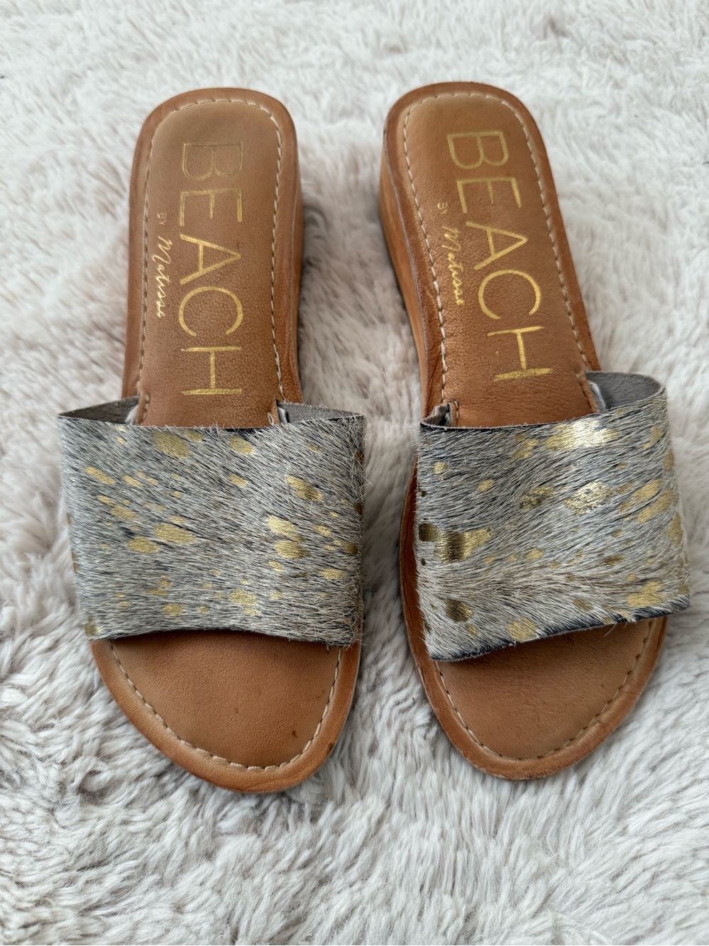 Gray and Gold cowhide Slide Sandals wedge